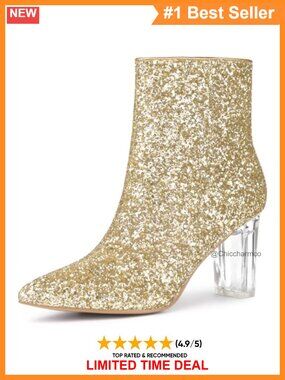 Glitter Ankle Boots Clear Block Heel Pointed Toe Zip Closure Party Wedding